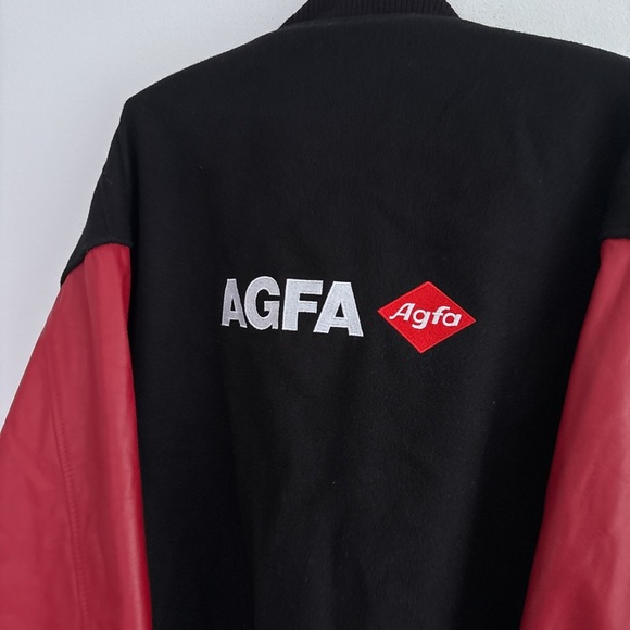 Vintage AGFA film varsity jacket Large black red suede leather embroided - Picture 2 of 7